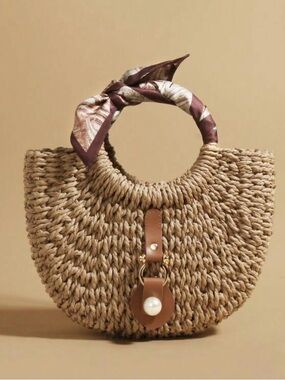 Woven Straw Tote with Brown Accent and Pearl